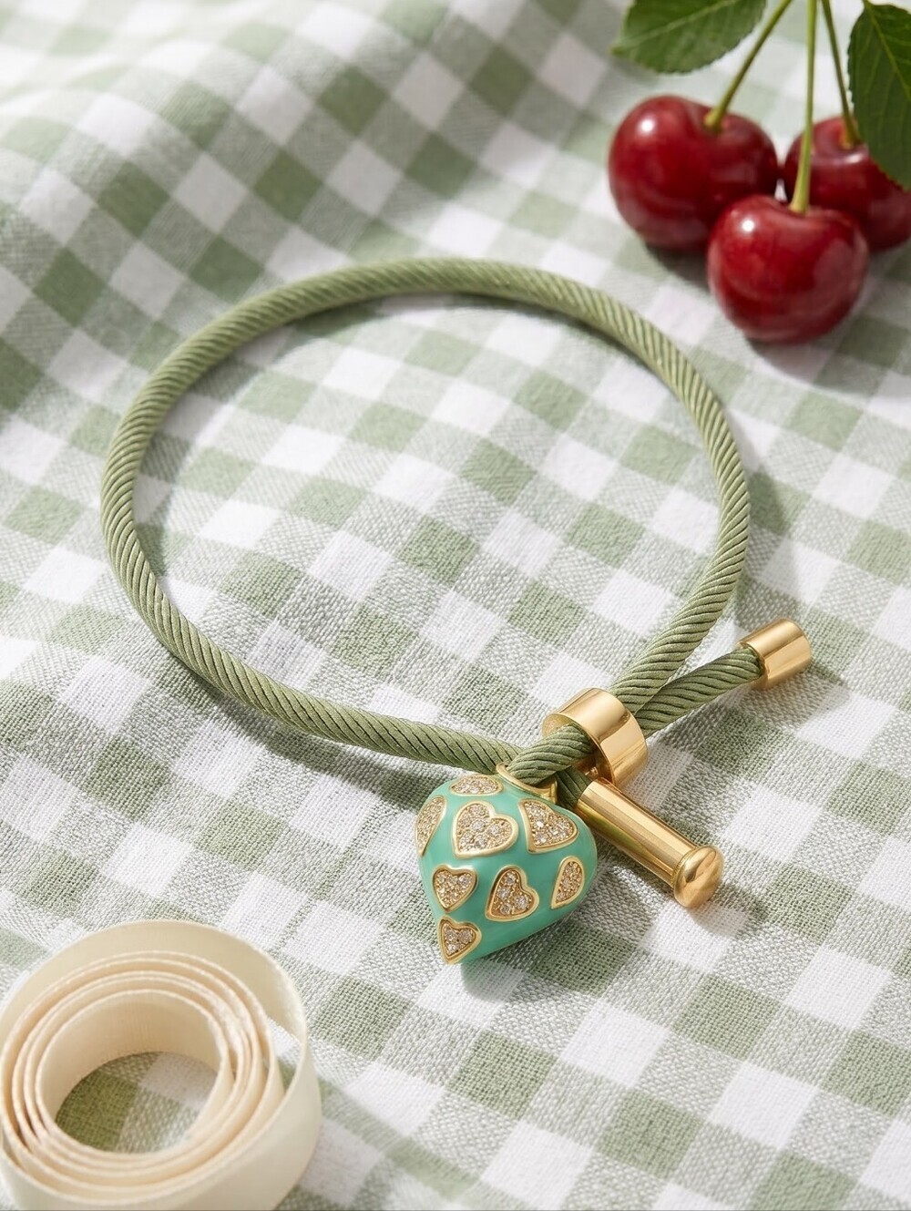Enamel Candy Heart Charm Bracelet 18K Gold Sage Green Cord Adjustable Coquette